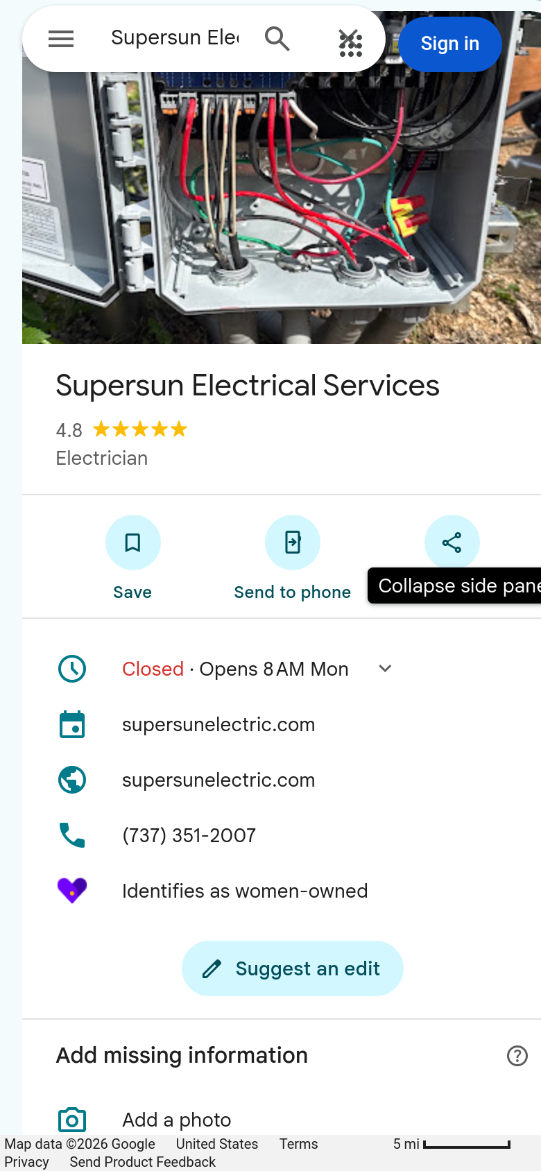 Supersun Electrical Services Google profile on a phone